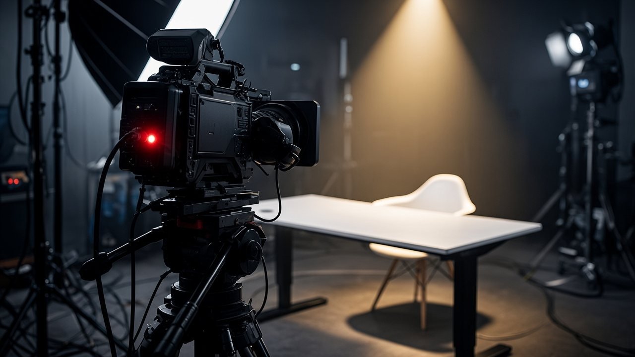 Cámara de estudio de televisión con luz roja de grabación encendida, apuntando a una silla vacía bajo un foco